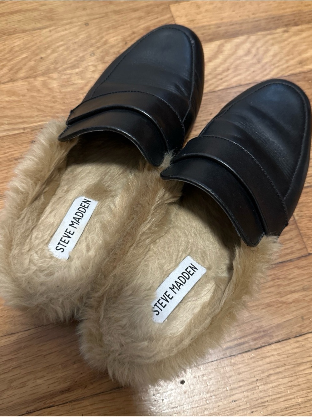 Steve Madden Black Leather Slip-On Loafers with Tan Faux Fur